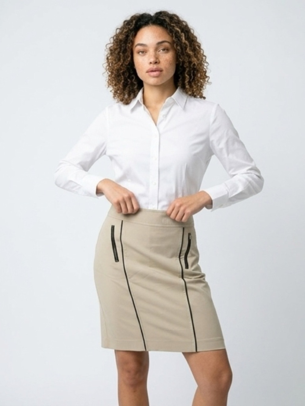 Ann Taylor Taupe Pencil Skirt with Black Trim and Zipper Details